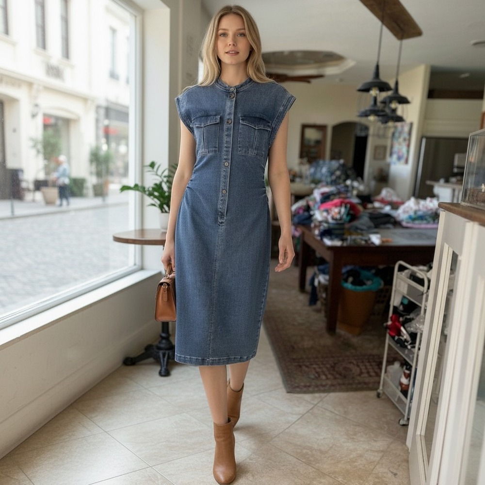 En Saison Denim Midi Dress SZ XS Blue Excellent Mock Neck Cap Sleeve Cutout Back